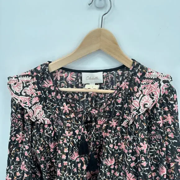 CLEOBELLA NWT Evereve Brynlee Black Pink Org Cotton Metallic Print Blouse // L - Picture 5 of 16
